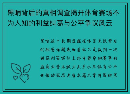 黑哨背后的真相调查揭开体育赛场不为人知的利益纠葛与公平争议风云